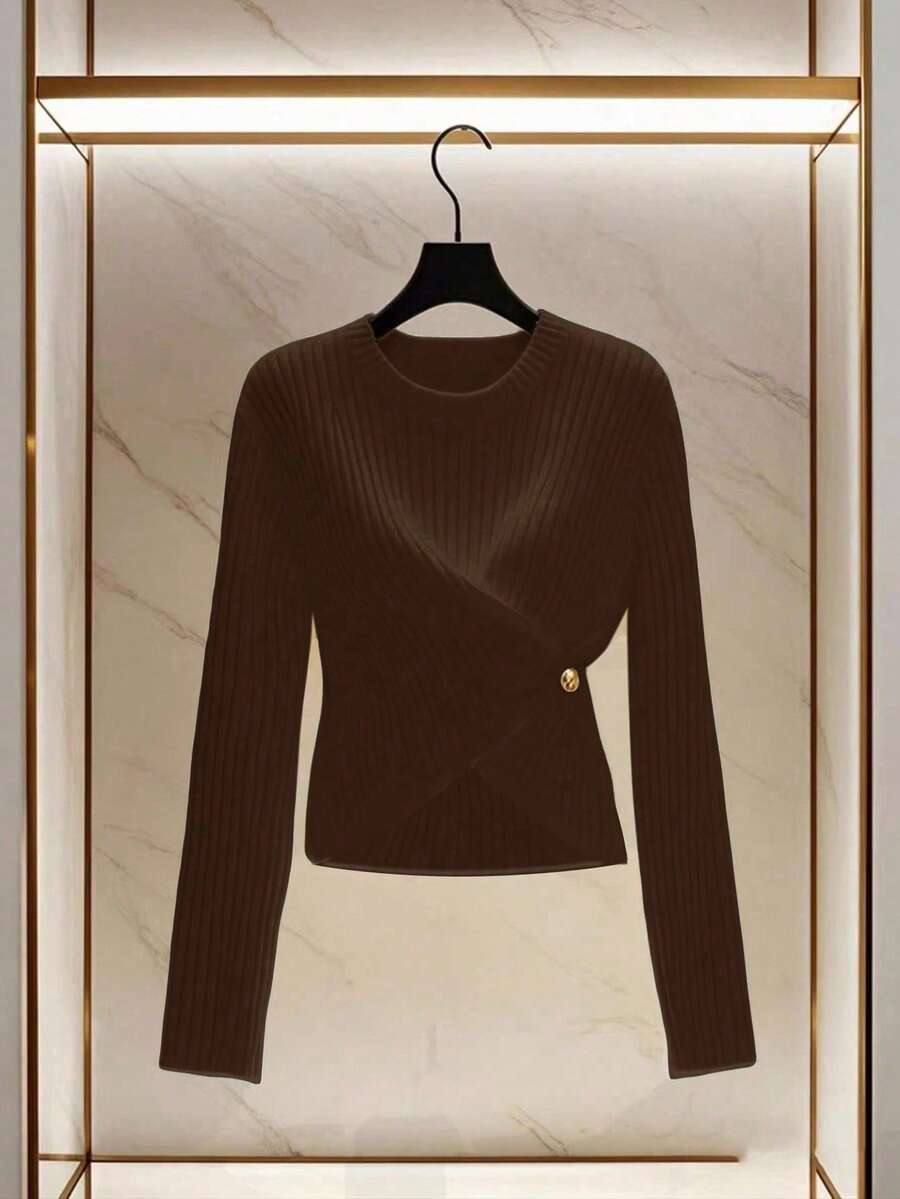 Franclia Áo chui đầu dệt kim thanh lịch dành cho nữ, giản dị & đa năng, phong cách Pháp lãng mạn, mùa thu/đông - Cà phê nâu - Xem 1