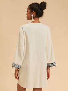 Travachic Women's Vintage V-Neck Long Sleeve Short Dress, Bohemian Dress, New Year Look, Thanksgiving Outfits, Elegant Dresses Party, Luxury Evening Dresses For Weddings, Chic Going Out Outfits - White - View 2