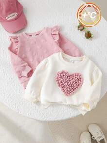 SHEIN 2 件可爱粉色心形图案长袖运动衫，适合秋冬穿着 - 彩色 - 查看 1