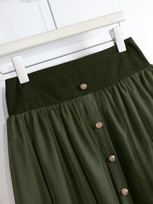 GlowEve 女士优雅网眼拼布纽扣装饰休闲通勤裙 - 軍綠色 - 查看 3