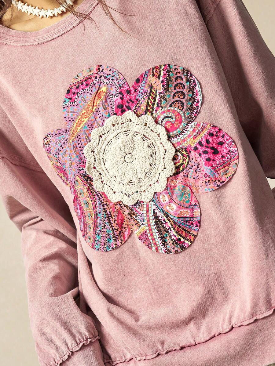 Bohemela 波西米亚风圣诞音乐节休闲纯色针织圆领长袖宽松水洗女式卫衣，冬季 - 粉色 - 查看 1