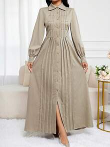 Al Najma 女式优雅简约前扣束腰连衣裙，秋季 - 淺灰色 - 查看 6