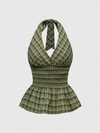 Damen Lässiges Retro Kariertes Tank Top mit gerafftem Saum