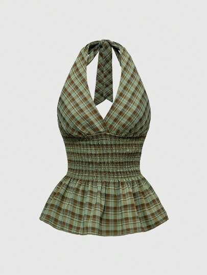 ملابس علوية خزان مناسب للنساء بطبعة مربعات رجعية، فتحة الرقبة حالتر، وذيل مطوي