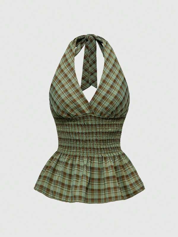 ROMWE Top ajustado de tirantes de mujer de estilo retro a cuadros con cuello de halter y bajo fruncido