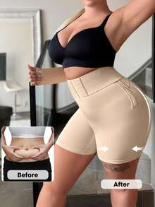 SHEIN 1pc Women Seamless High Waist Shaping Shorts, Solid Color Tummy Control Shapewear With Waist Cincher - Apricot - View 2