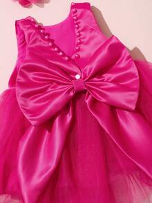 SHEIN 2件套新生儿女童珍珠风格连衣裙配玫瑰花头饰婴儿拍照服装婴儿1个月100天拍照服装 - 玫紅色 - 查看 5