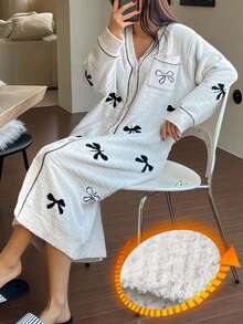 DAZY Bow Decor Loose Knit Mid-Length Women Sleepwear Robe, Winter - White - View 3