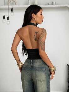 Coolane 女士夏季演唱会服装 狂欢服装 节日外出 Y2K 海滩服装 热带度假 白色 V 领连体裤 - 黑色 - 查看 3