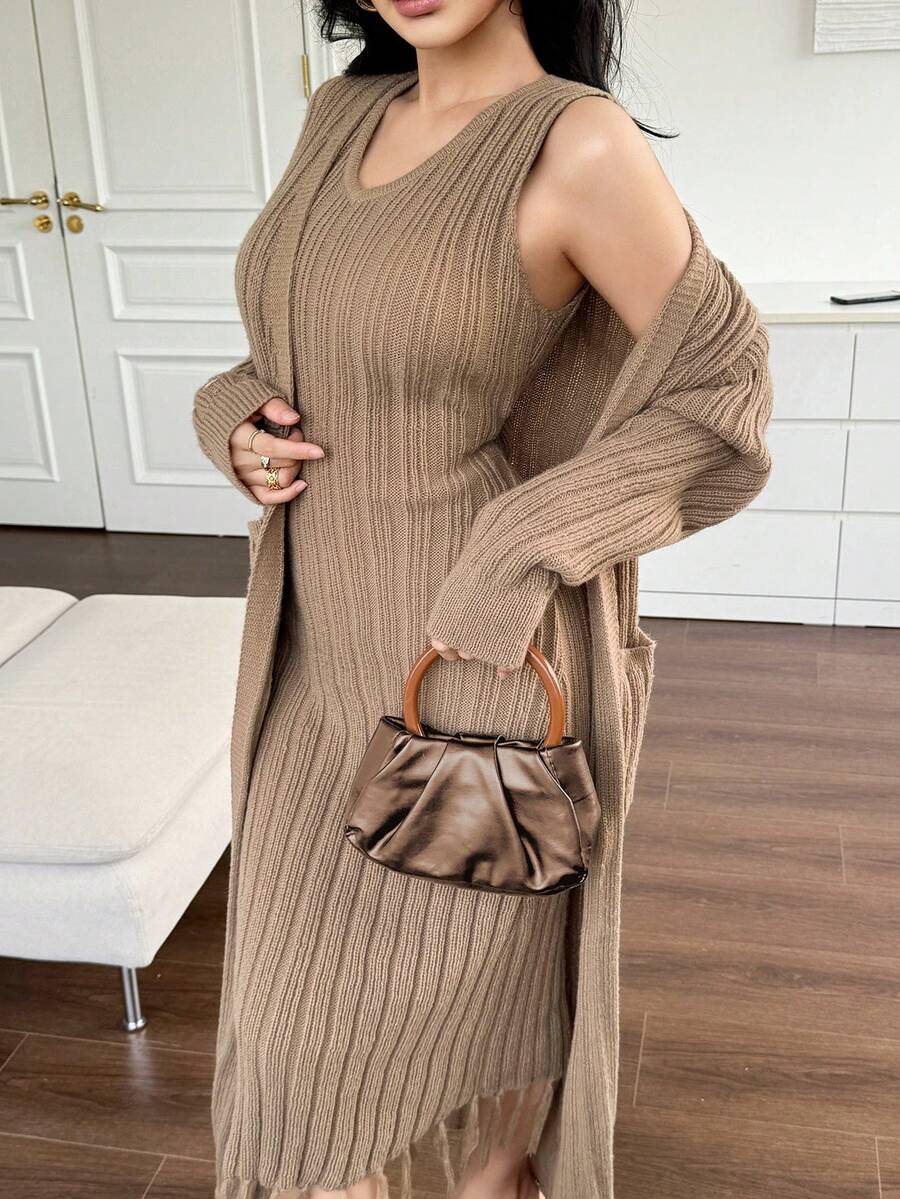 Feyla Women's Solid Color Fringe Hem Sleeveless Dress And Long Sleeve Cardigan Elegant 2-Piece Set - Khaki - View 1