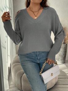 SHEIN Clasi Suéter de manga raglán con cordón para mujer de talla grande para otoño/invierno - Gris - Ver 4