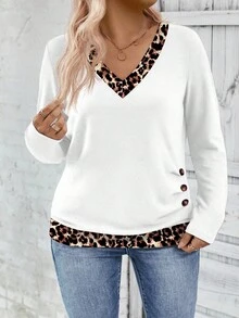 EMERY ROSE 女式秋冬新款豹纹拼布领口和下摆长袖休闲大码T恤 - 彩色 - 查看 4