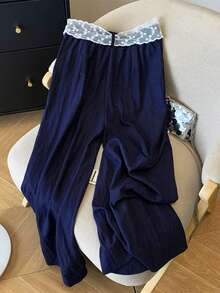 Resyla Pantalones anchos y sueltos con decoración de lazo para mujer - Azul Marino - Ver 2