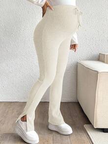 SHEIN Pregnant Women's Ribbed Skinny Slit Pants - Apricot - View 6