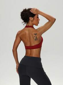 Slayform Women's Racerback Ruched Seamless Sports Bra,Burgundy Red Summer Athleisure Gym Halter Top With Built In Bra,Comfortable Push Up Bikini Top - Burgundy - View 2