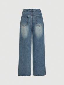 Sweetra Vaqueros rectos de bolsillo con remaches de moda y estilo casual - Azul lavado medio - Ver 3