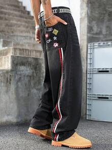 Manfinity ZONE917 Men's Loose Fit Embroidered Design Black Wide Leg Jeans, Versatile For All Seasons Streetwear Men Pants - Black - View 6