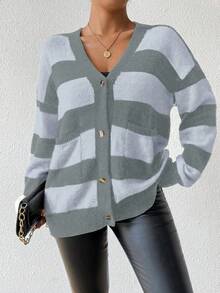 EMERY ROSE Autumn/Winter New Design Striped Faux Mink Fleece Cardigan Sweater For Women - Dark Grey - View 4