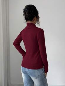 Elenzga 女士优雅休闲通勤时尚折领长袖装饰纽扣针织毛衣，秋冬 - 酒紅色 - 查看 2