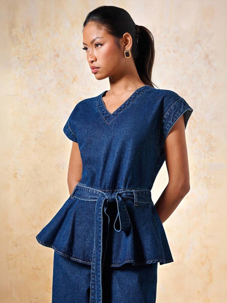 COSMINA Denim 女士优雅度假通勤无袖牛仔连体裤,适合日常穿着 - 藍色 - 查看 1