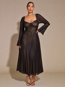 SHEIN BAE 大码女式甜美女孩提花胸罩杯设计荷叶边下摆短款连衣裙，适合派对和约会，黑色，冬季，紧身胸衣裙 - 黑色 - 查看 5