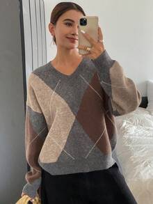 DAZY 格子宽松长袖圆领女式毛衣、秋装、长袖上衣