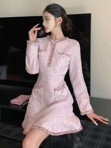 DAZY 女式时尚优雅 Y2K 粗花呢长袖中长连衣裙舞会礼服 - 粉色 - 查看 6