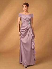 Serin 优雅奢华的海军蓝缎面露肩褶皱 A 字形不对称荷叶边下摆连衣裙，适合晚会、庆典、婚礼、新娘母亲礼服 - 藕粉色 - 查看 6