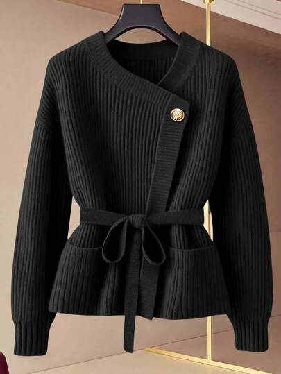 GlowEve Neue V-Ausschnitt Strickjacke für Damen, europäischer & amerikanischer Stil Farbblock eleganter minimalistischer Mode Strickpullover