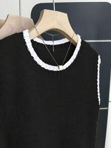 Franclia 女士休闲宽松圆领无袖撞色饰边针织上衣，春秋季 - 黑與白 - 查看 3