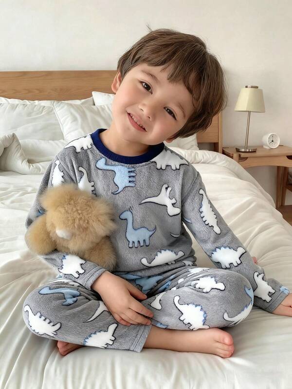 SHEIN 2pcs/Set Young Boy Cute Bear Pattern Ribbed Crew Neck Long Sleeve Top And Soft Coral Fleece Pajama Pants, Autumn/Winter