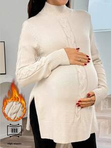 SHEIN 孕妇纯色高领长袖开衩休闲套头衫 - 卡其色 - 查看 6