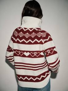 SHEIN LUNE Women's 90s Retro White And Burgundy Heart Pattern Pullover Sweater,Autumn Oversized Collar Loose Raglan Sleeve Christmas Dates Commuting Fashion - White - View 2