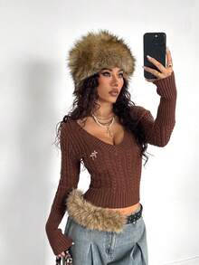 StreetHx Áo len dài tay cổ chữ V thêu nút trơn màu phong cách đường phố dành cho nữ - Màu xanh lam - Xem 6