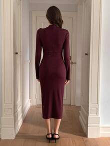 Elyressa 秋季长款连衣裙，优雅针织蝴蝶结，浪漫魅力女士 - 紫羅蘭色 - 查看 2