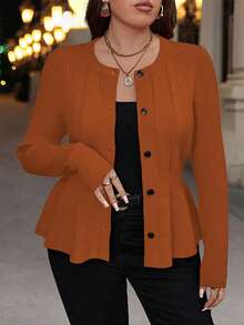 SHEIN LUNE 大码女式纯色圆领长袖单排扣针织开衫，秋冬 - 橘色 - 查看 2