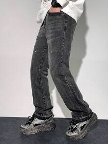 SHEIN Bolty Teen Boy Fashion Casual Y2k Vintage Cool Street Lacquer Dots Black Denim Stretch Tight Slightly Flared Jeans For Teen Boy Clothes Teen Boy Dailywear And Teen Boy Winter And Fall Rave Outfits Festival And Outfits Streetwear Clothes - Black - View 5