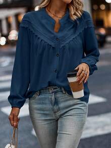 SHEIN LUNE 秋季大码休闲纯色蕾丝边衬衫 - 藏蓝色 - 查看 5