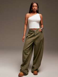 Denimoi Barrel Wide Leg Oversized Back Pockets Baggy Denim Jeans - Olive Green - View 4