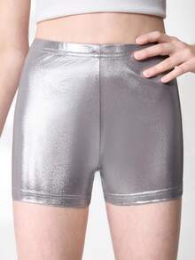 SHEIN Tween Girls' Solid Color Elastic Waist Shorts, Activewear - Blue - View 2
