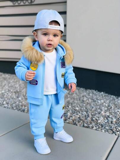 SHEIN Toddler Boys' Hooded Top With Embossed Chest And Furry Collar, Matching Casual Pants, Fashion Versatile, Suitable For Autumn/Winter Baby Boy Hoodie Set Baby Tracksuit