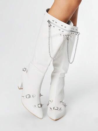 Grunge Punk Women's High Heel Boots, Versatile Elegant Pointed Toe Fashion PU Thick Heel Boots, Autumn/Winter