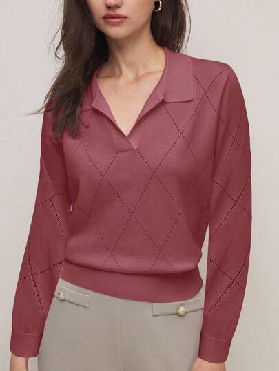 BizChic Raspberry Polo Neck Argyle Knitted Women's Polo Sweater, Modern Elegant Urban Commute Everyday Versatile Romantic 90s Retro Christmas New Year Outfit, Suitable For Valentine's Day Party, Beach, Graduation, Festival, Holiday, All-Match Romantic, Suitable For Wedding Guest, Host, Date, Party, Concert, Brunch, Airport, Multi-Occasion