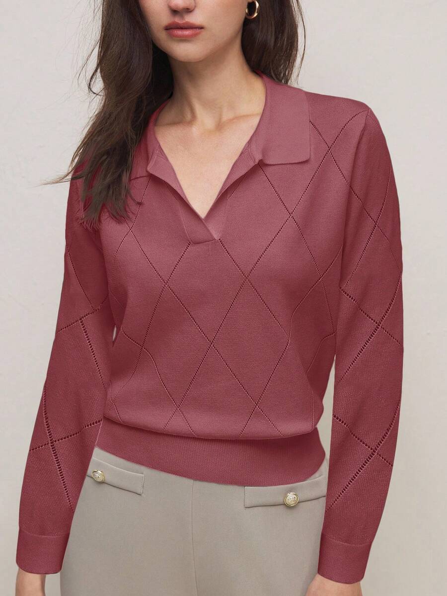 BizChic 女士菱格纹针织Polo领毛衣，现代优雅，适合都市通勤、日常百搭、浪漫复古风，亦可搭配90年代圣诞新年装扮。适合情人节派对、海滩、毕业典礼、节日、假日等各种场合，浪漫百搭。也适合婚礼宾客、主人、约会、派对、音乐会、早午餐、机场等多种场合穿着。