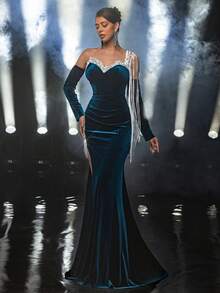 Glamrae Váy nhung một vai màu xanh lam và vàng sang trọng thanh lịch với ren thêu, điểm nhấn bằng hạt cườm và viền tua rua, phù hợp cho đám cưới, tiệc tùng, kỳ nghỉ, dạ tiệc và sự kiện trang trọng (trang trí đậm) - màu đen - Xem 7