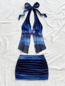 SHEIN x Eduarda Gutierrez Soleia 女式复古扎染花卉印花针织网眼露背系带上衣和褶饰迷你裙套装，适合派对、约会、下午茶、海滩、狂欢节、夏季 - 彩色 - 查看 4