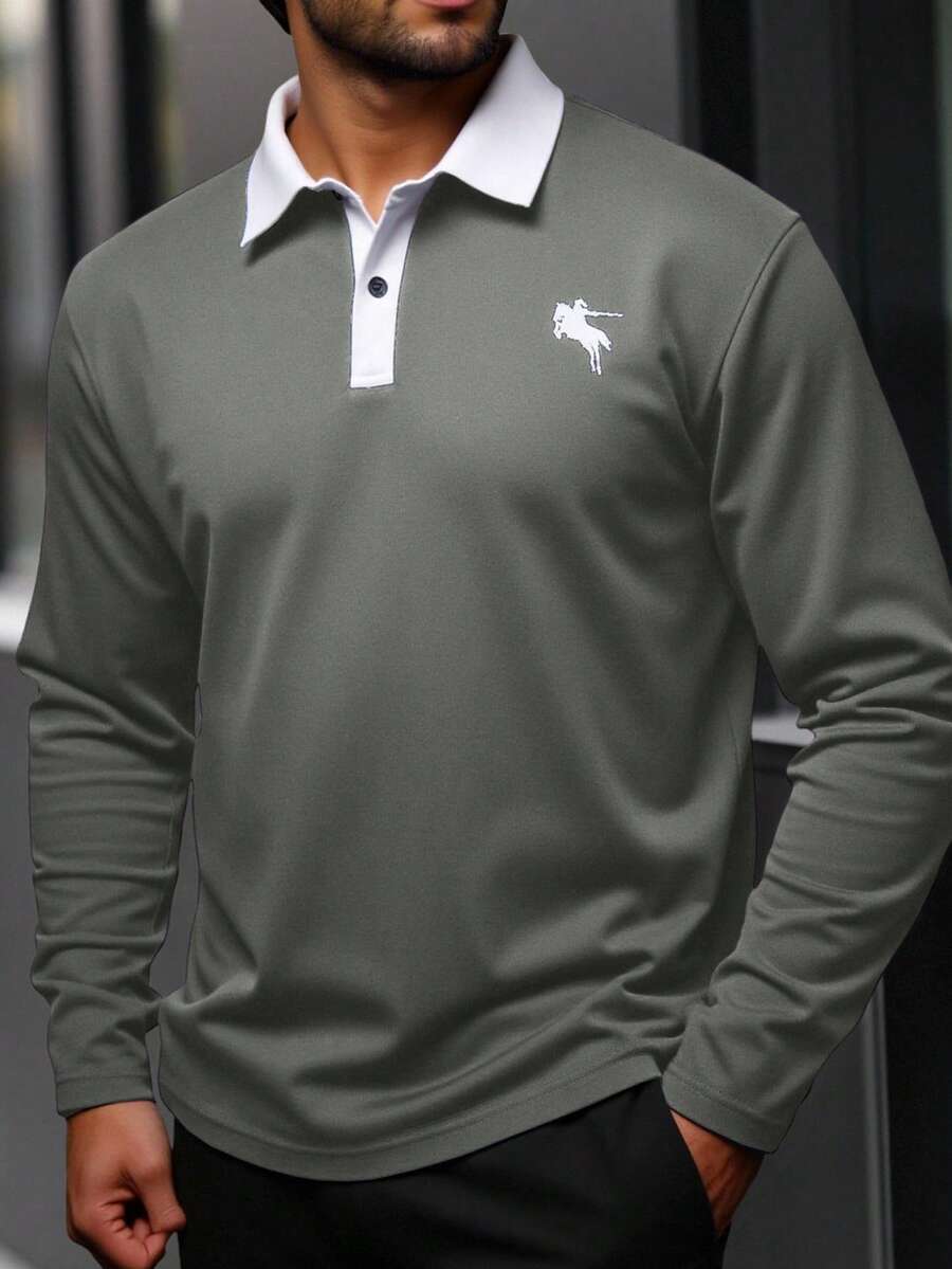 Manfinity Homme 大码男士休闲骑士印花长袖 Polo 衫,适合秋季 - 淺灰色 - 查看 1