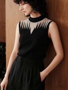 Uhlyne ملابس علوية كنزة مضفرة للنساء ذات ياقة عالية وشبكية مع تباين في الخصر