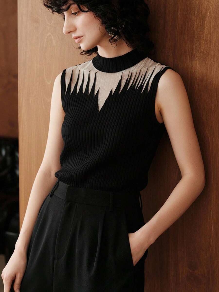 Uhlyne Uhlyne Women Stand Collar Mesh Contrast Ribbed Knitted Tank Top - Black - View 1