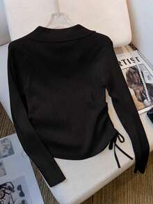 SHEIN 女式长袖上衣，光滑罗纹面料 - 黑色 - 查看 2